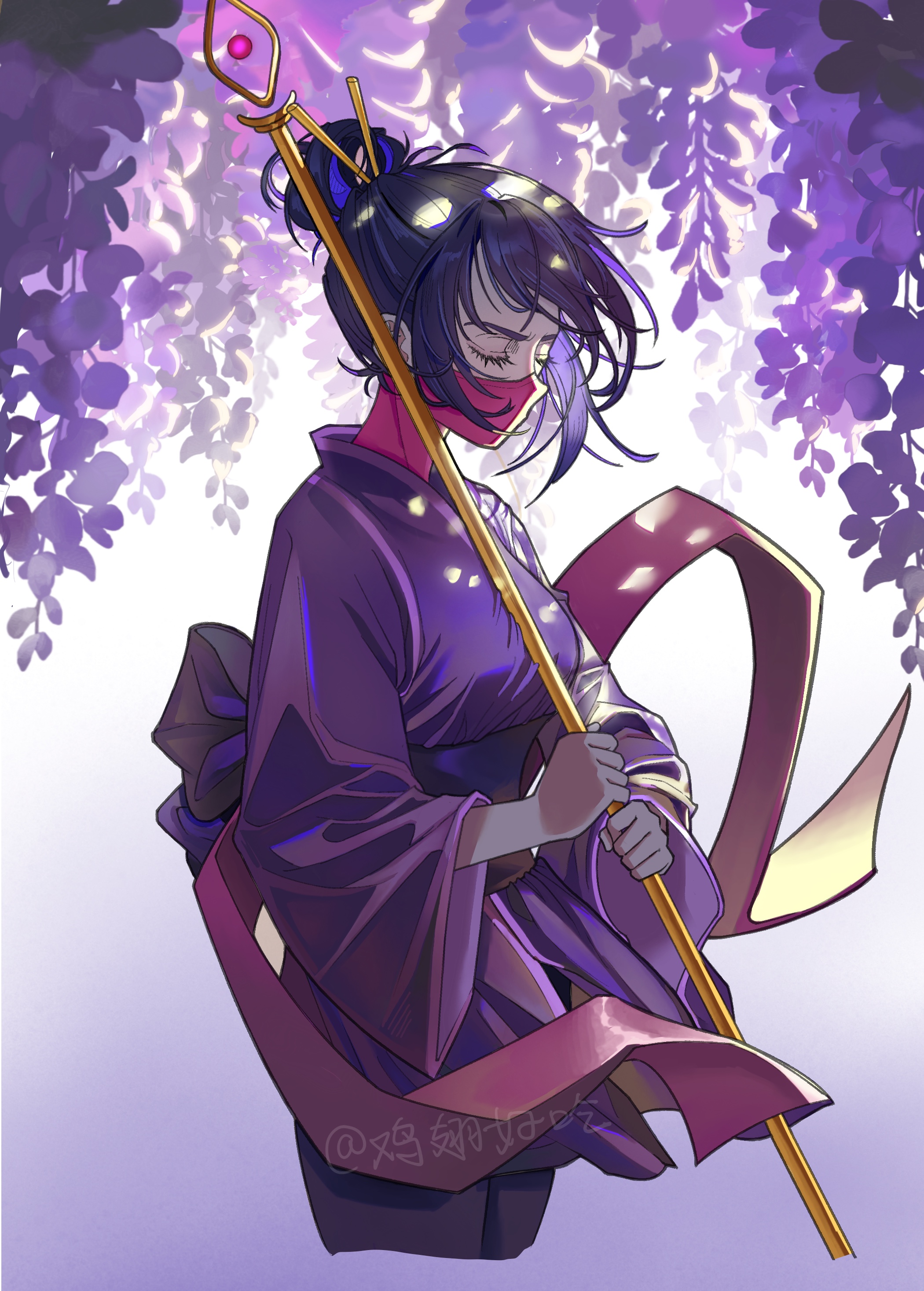 Art of The Watcher meditating under hanging blooms.