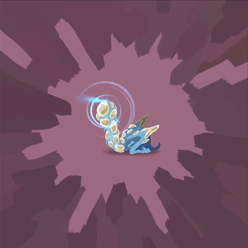 A gif of a blue creature covered in pearl-like nodules with 2 folded limbs and a long neck with with rays emitting from its head.