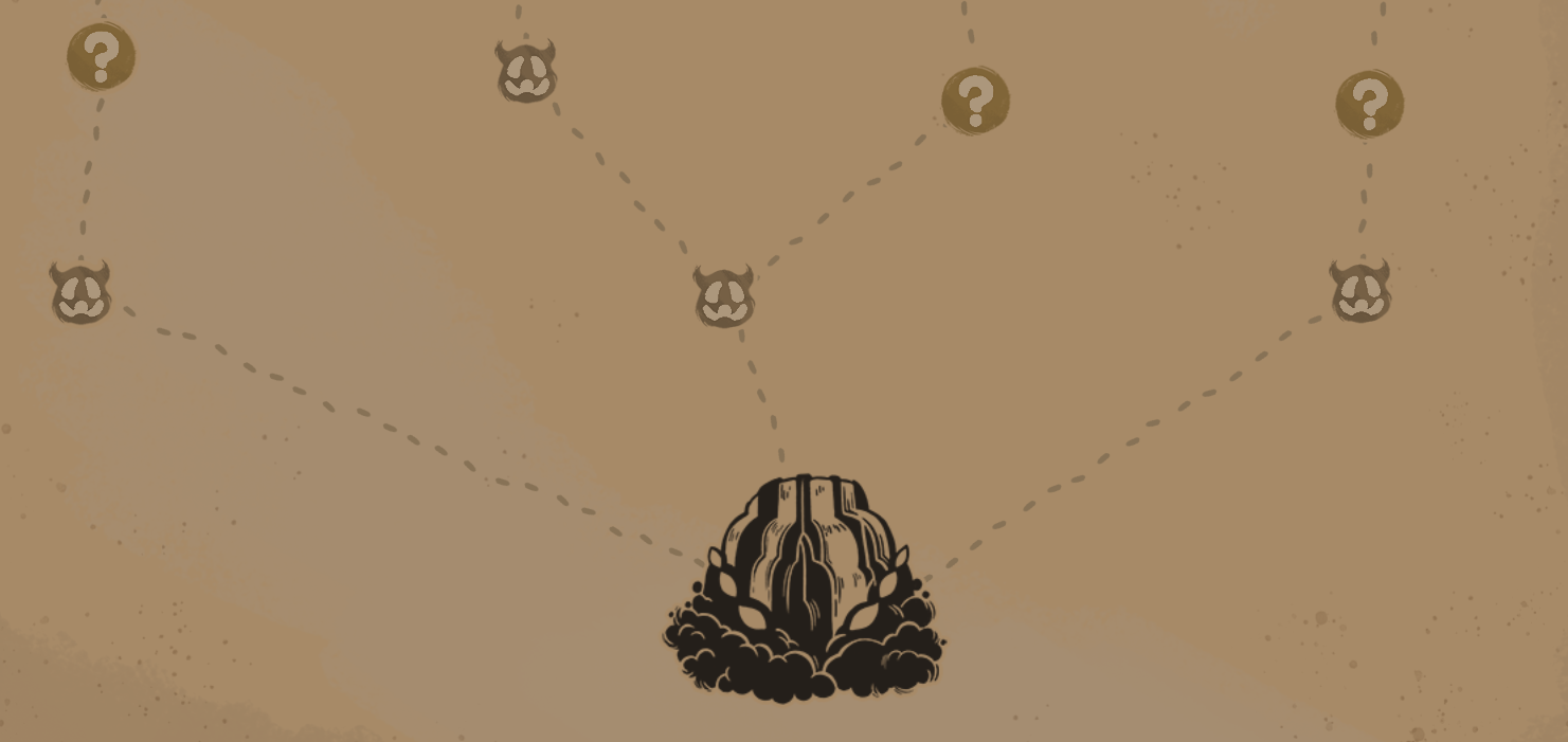 A screenshot of the lowest part of the Slay the Spire 2 map, the first node that branches into the Act’s pathways being an illustration of a whale with waterfalls covering it, representing Neow the Ancient.