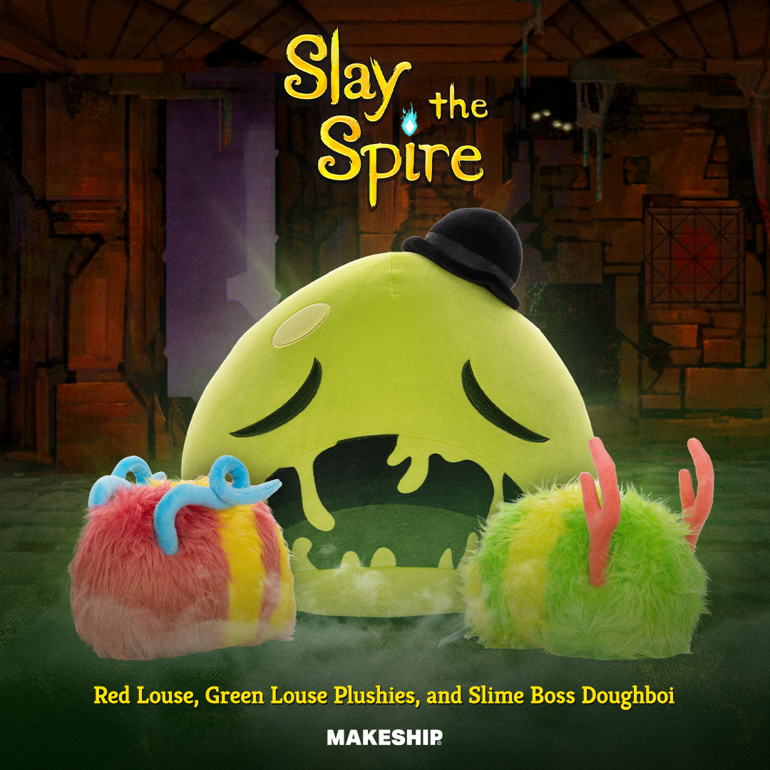 A big Slime Boss plush with smaller fuzzy louses plushes next to it.