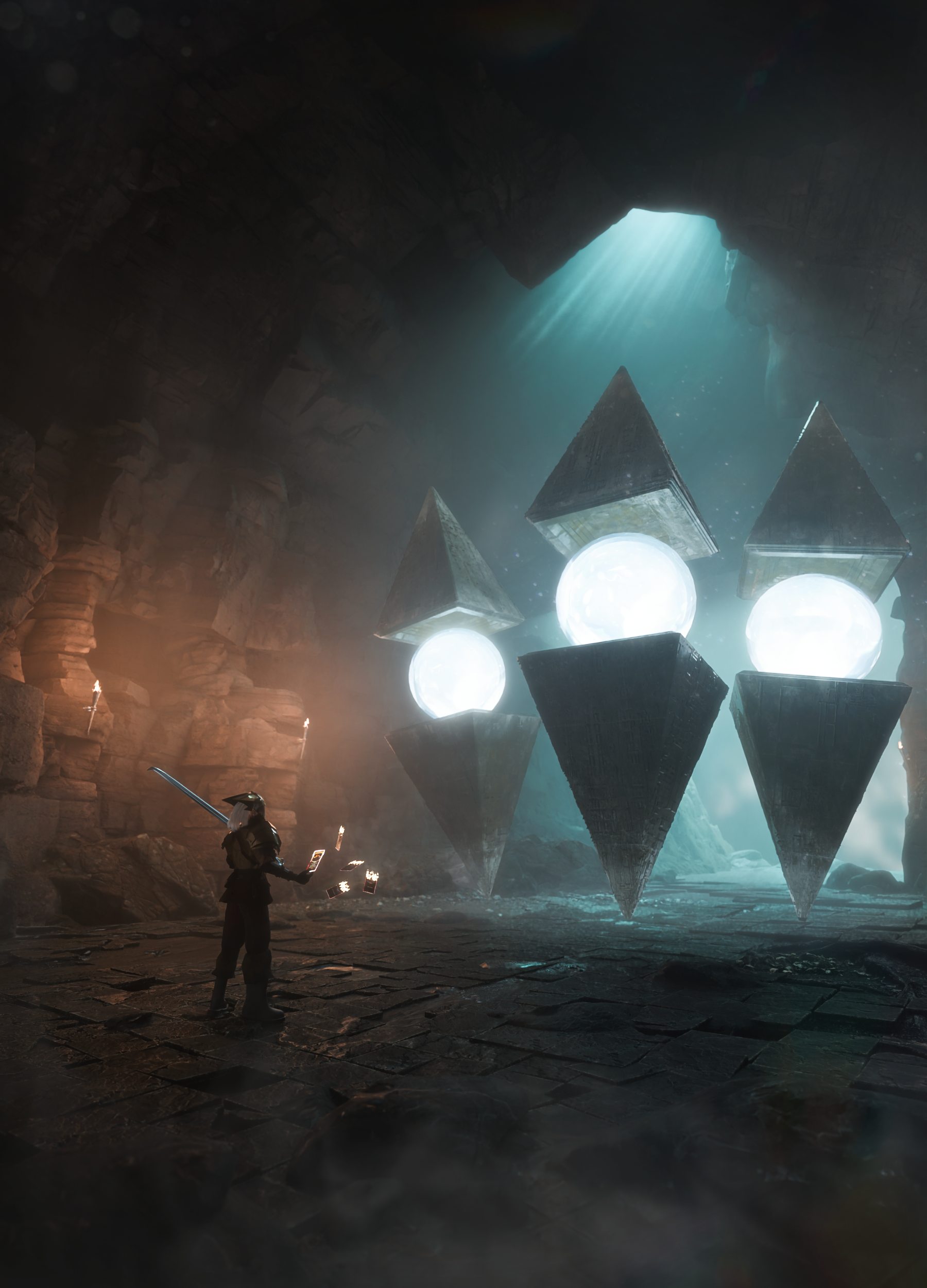 Art of The Ironclad standing before some enormous Sentries, their orbs glowing in the darkened space.