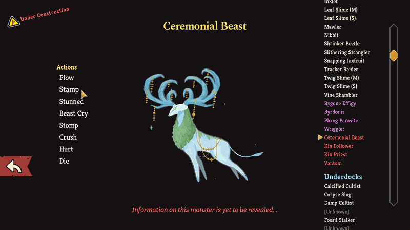 A gif of some of the Ceremonial Beast animations playing in the Bestiary.