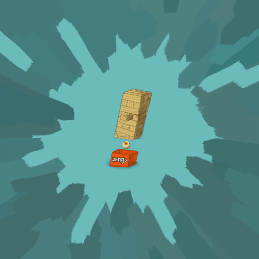 A drawing of a stack of Jenga-like pieces stacked on top of a box that says &ldquo;Jongo.&rdquo;