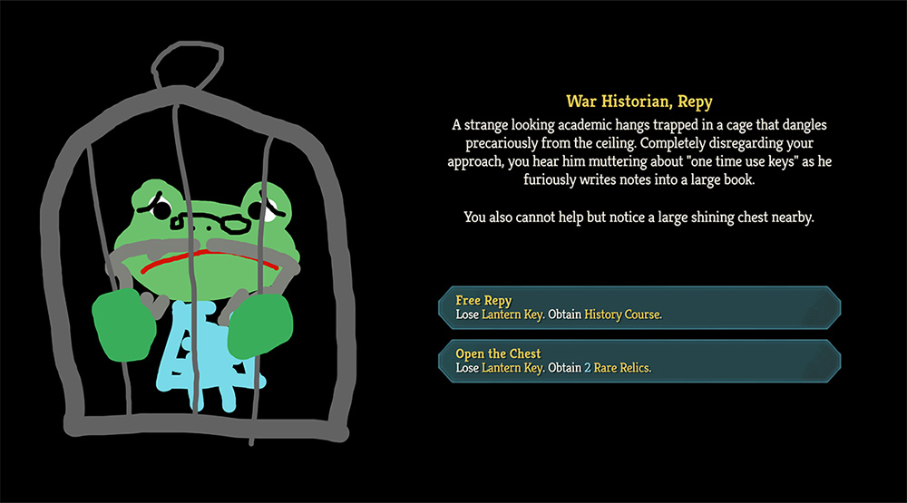 A new event called War Historian, Repy depicting doodly placeholder art of a frog-like intellectual trapped in a cage. The options are Free Repy, Lose Lantern Key, obtain History Course, and Open the Chest: Lose Lantern Key, obtain 2 Rare Relics.