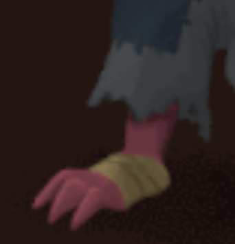 A cropped image of a mysterious, purple, clawed foot wrapped in bandages and wearing ragged pants.