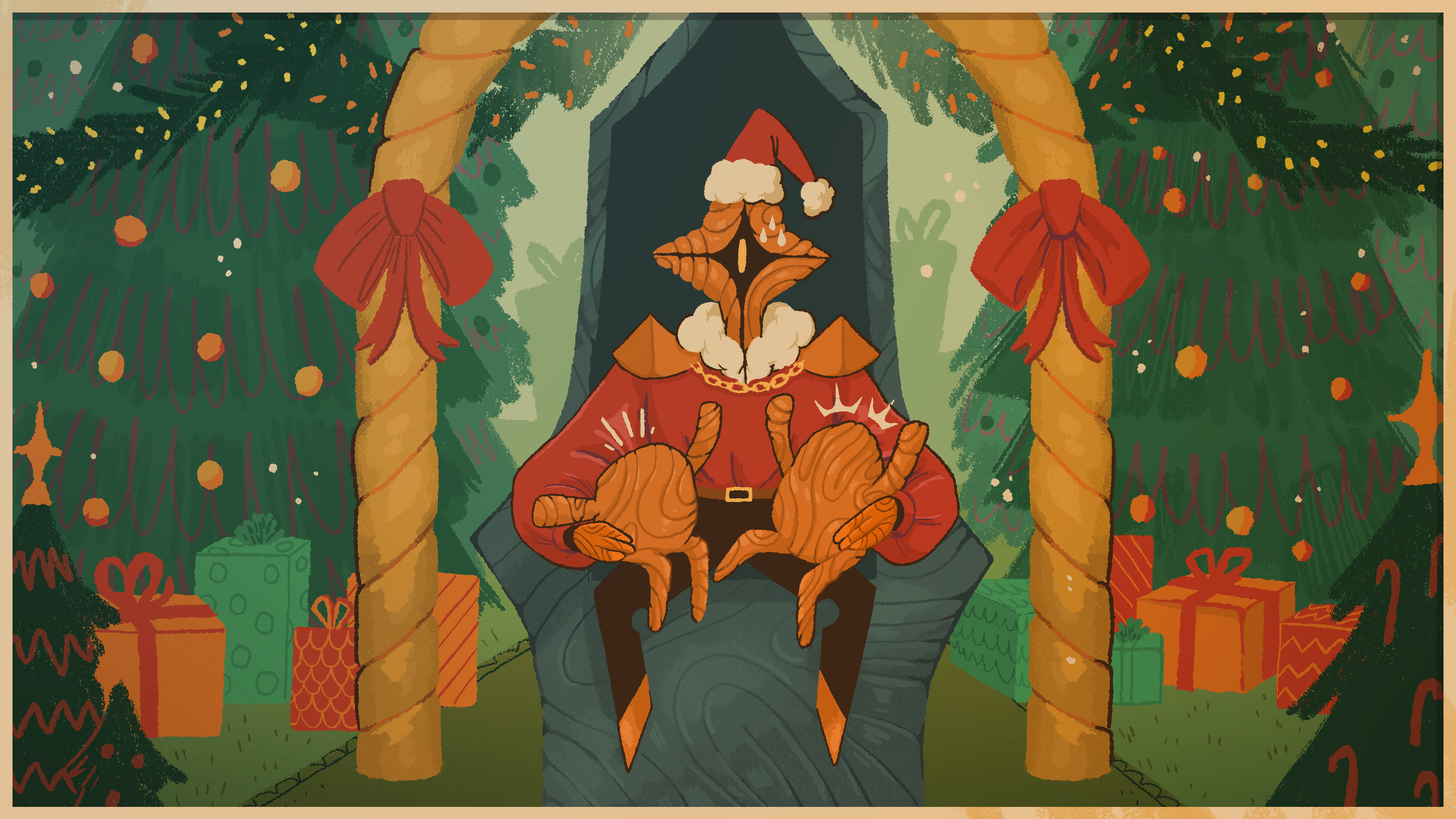 An illustration of The Regent dressed as Santa Claus with his minions sitting on his lap and a sweat drop forming on his head.