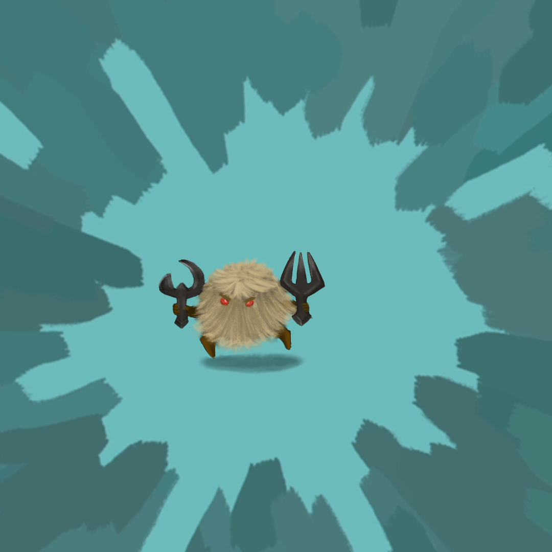 A small round bush-like creature with two tool weapons in its hands.