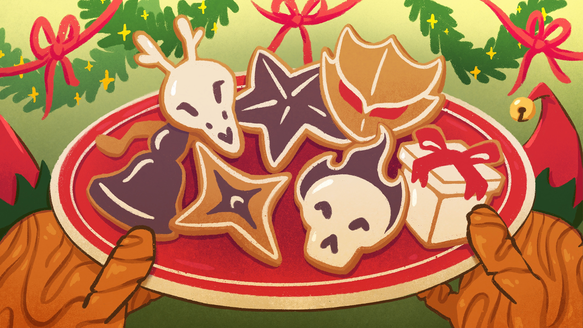 Art of the Regent’s minions in elf hats holding up a plate of StS-themed Christmas cookies, with garlands and ribbon hanging in the background.