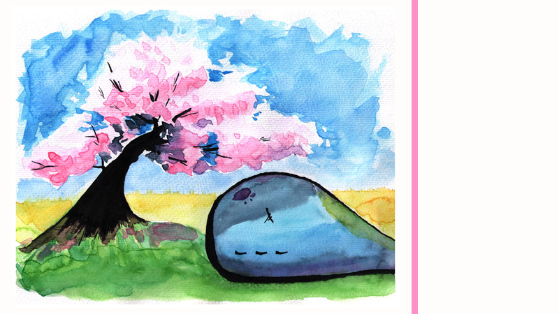 Watercolor illustration of Neow underneath a cherry blossom tree.
