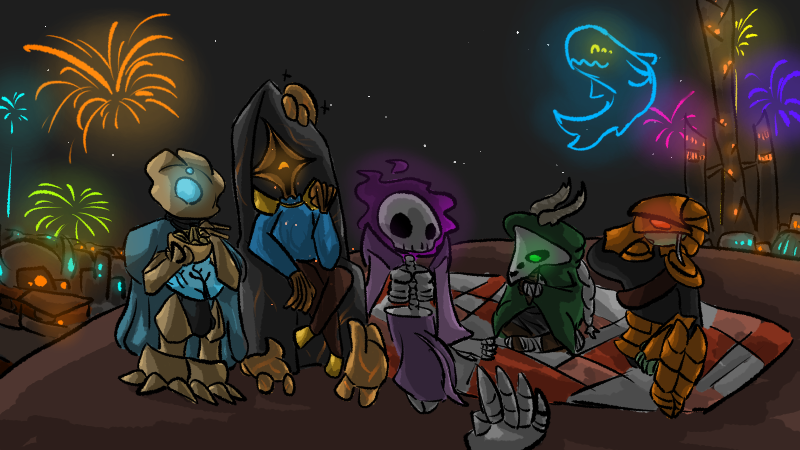 Illustration of all 5 StS2 heroes watching fireworks, one of which is shaped like Neow.