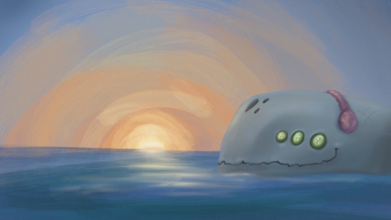 Art of Neow floating in the ocean with earmuffs on.