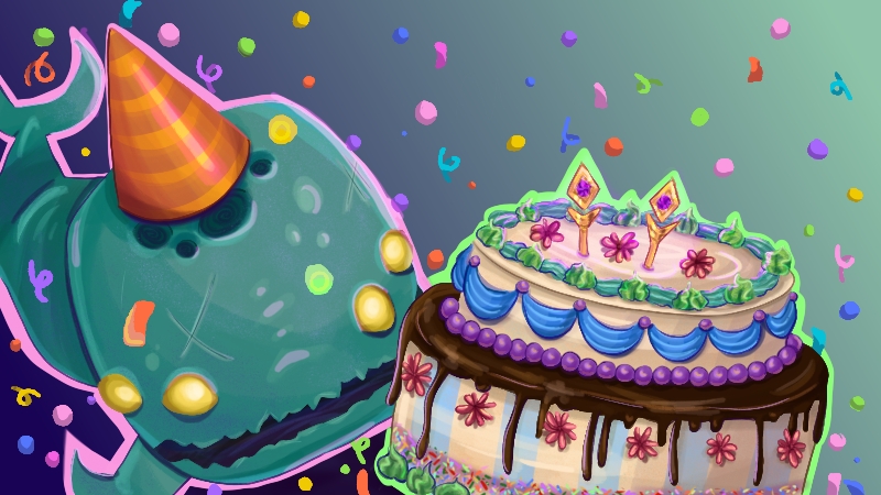 Illustration of Neow with a party hat and celebratory cake.