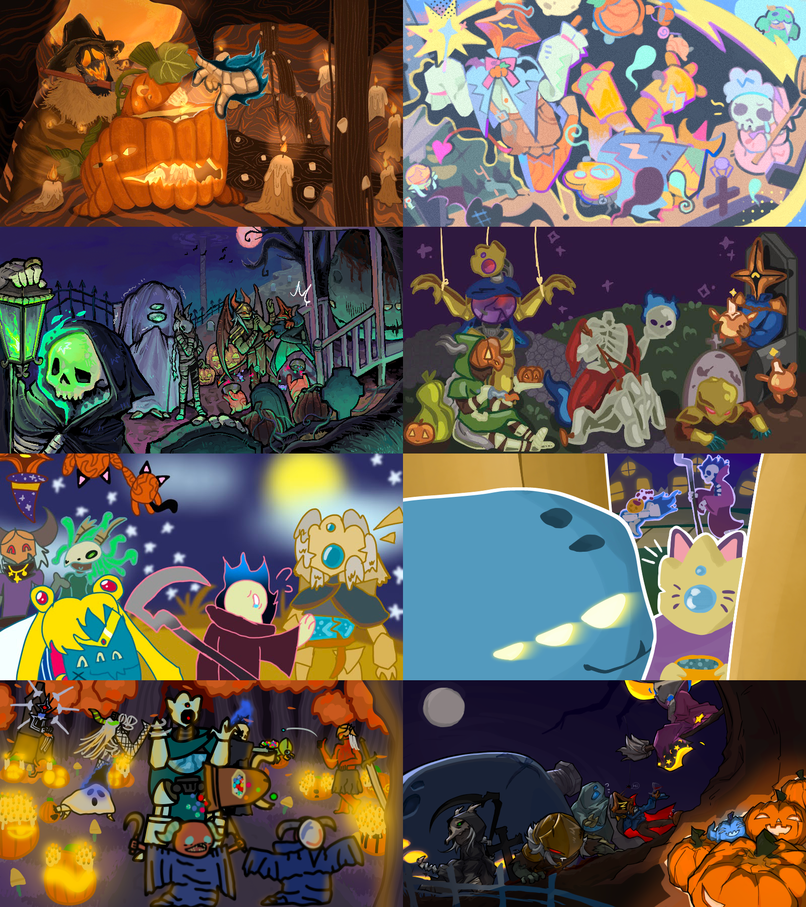 Collage of 8 Halloween-themed cover illustrations.