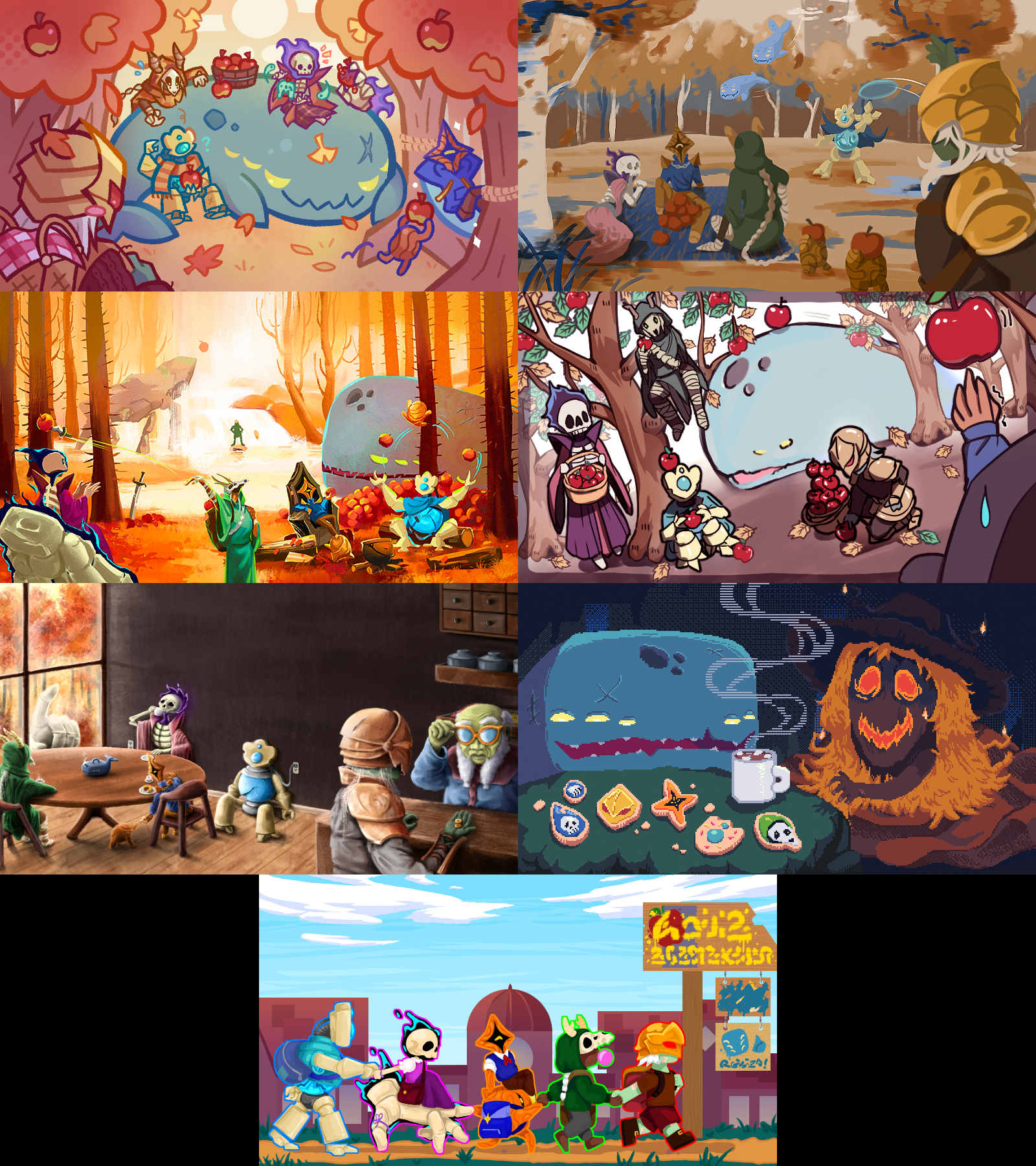 Collage of 7 autumnal illustrated cover submissions.