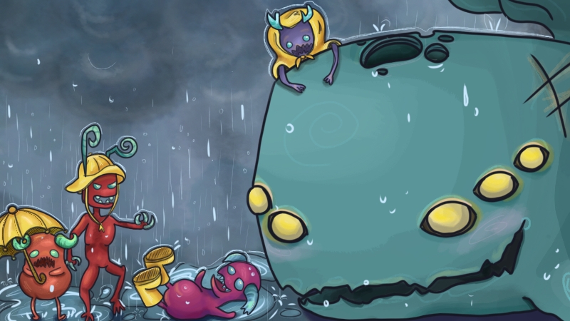 An illustration of Neow with gremlins splashing around her in the rain.
