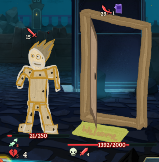 The old Doormaker enemy art, an MS Paint doodle of a humanoid being next to a door.