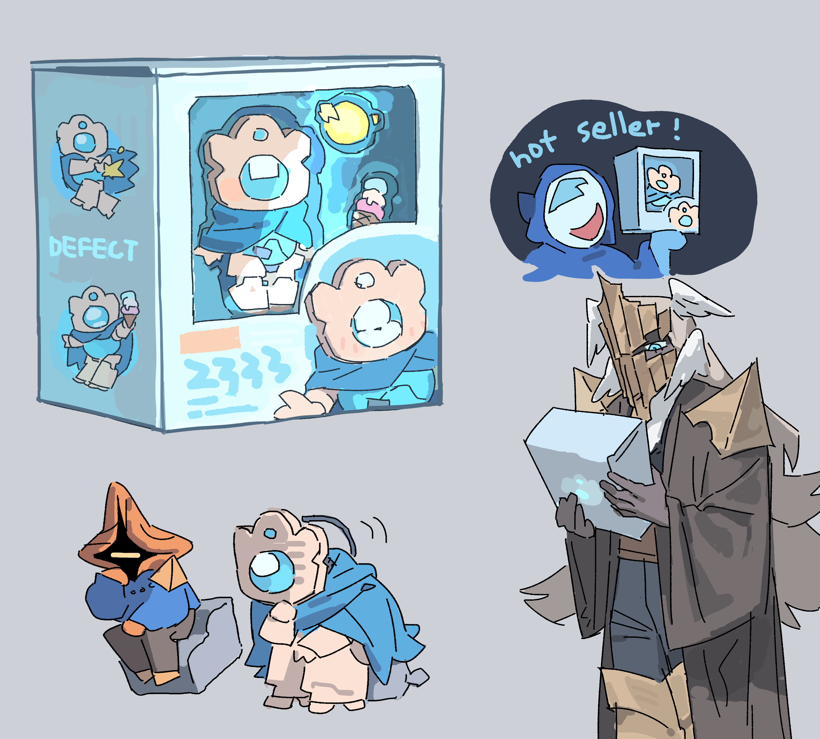 Fanart featuring a figure of Defect sold by the Merchant with the Architect inspecting it.