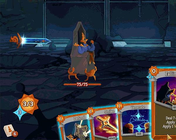 An aloof, orange-colored alien with a diamond/star-shaped head that has a singular yellow eye in the center, sitting on a large stone throne that’s being carried by tiny orange minions while attacking with a floating, cosmic sword.