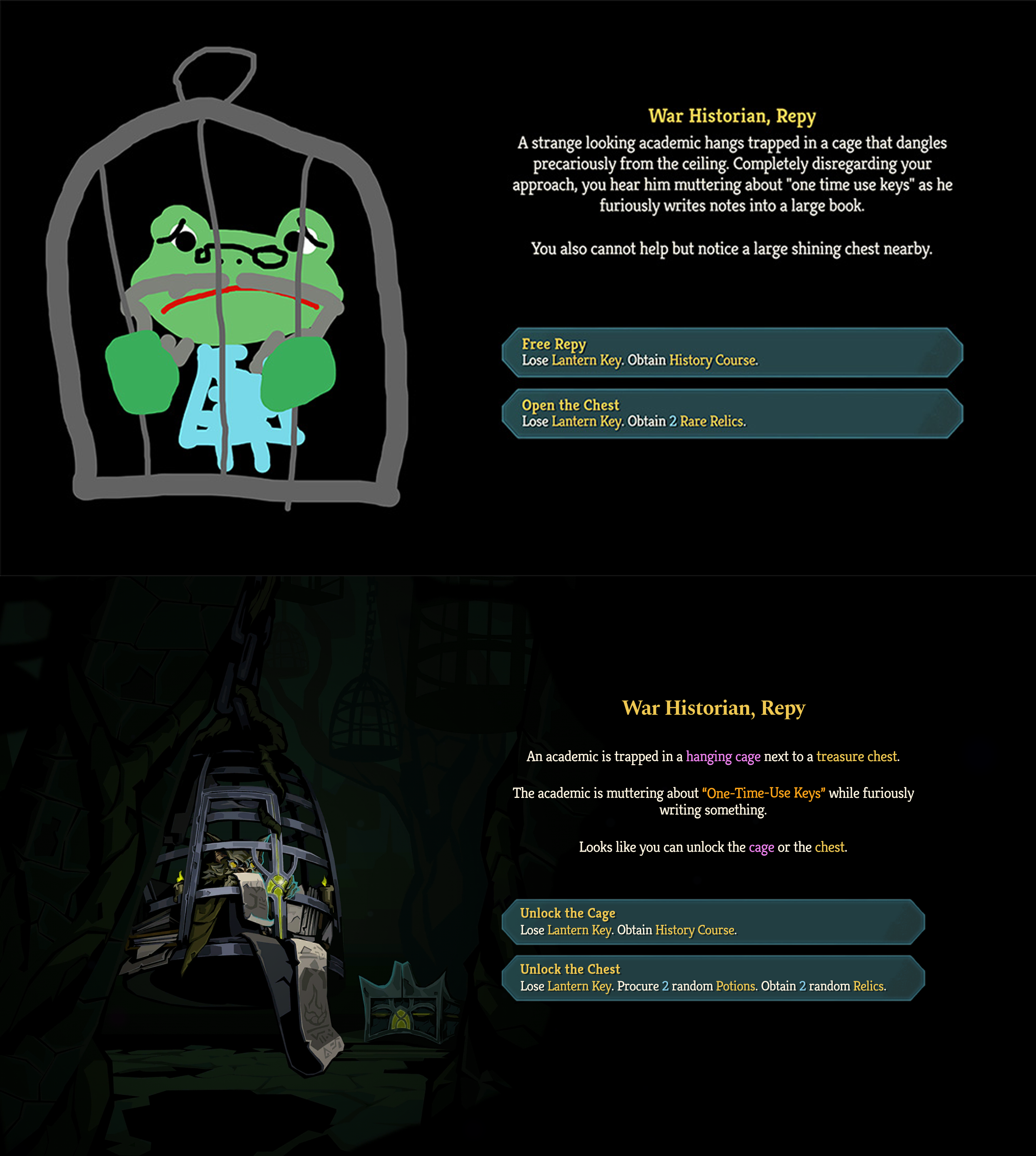 A comparison image of the old War Historian, Repy event and the updated one, the first with a rough doodle of a frog-like creature in a cage, the second with full art of a bat-like creature in a cage.