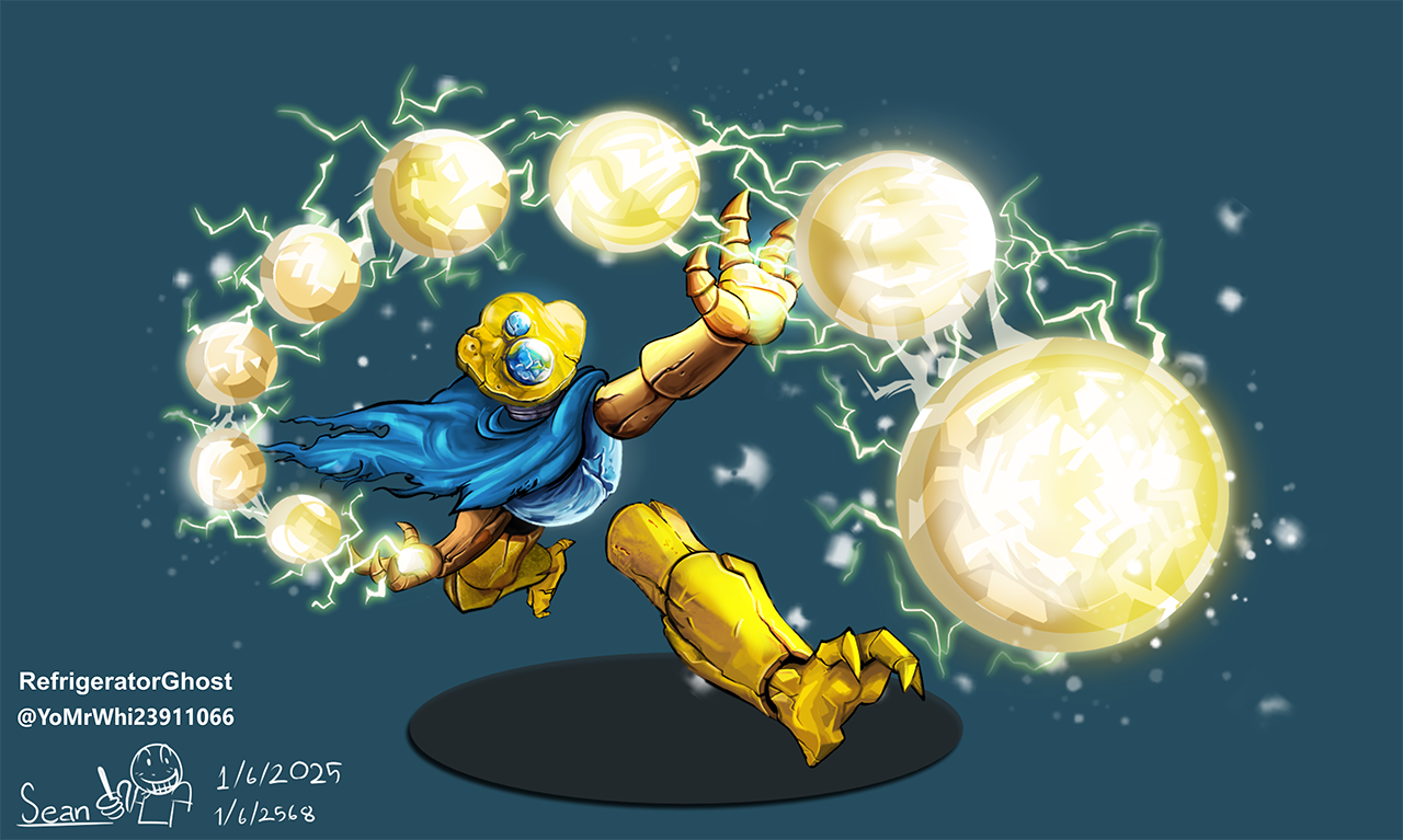 An illustration of the Defect in a detailed, painterly style, depicting him in his promo art pose channeling lightning orbs.