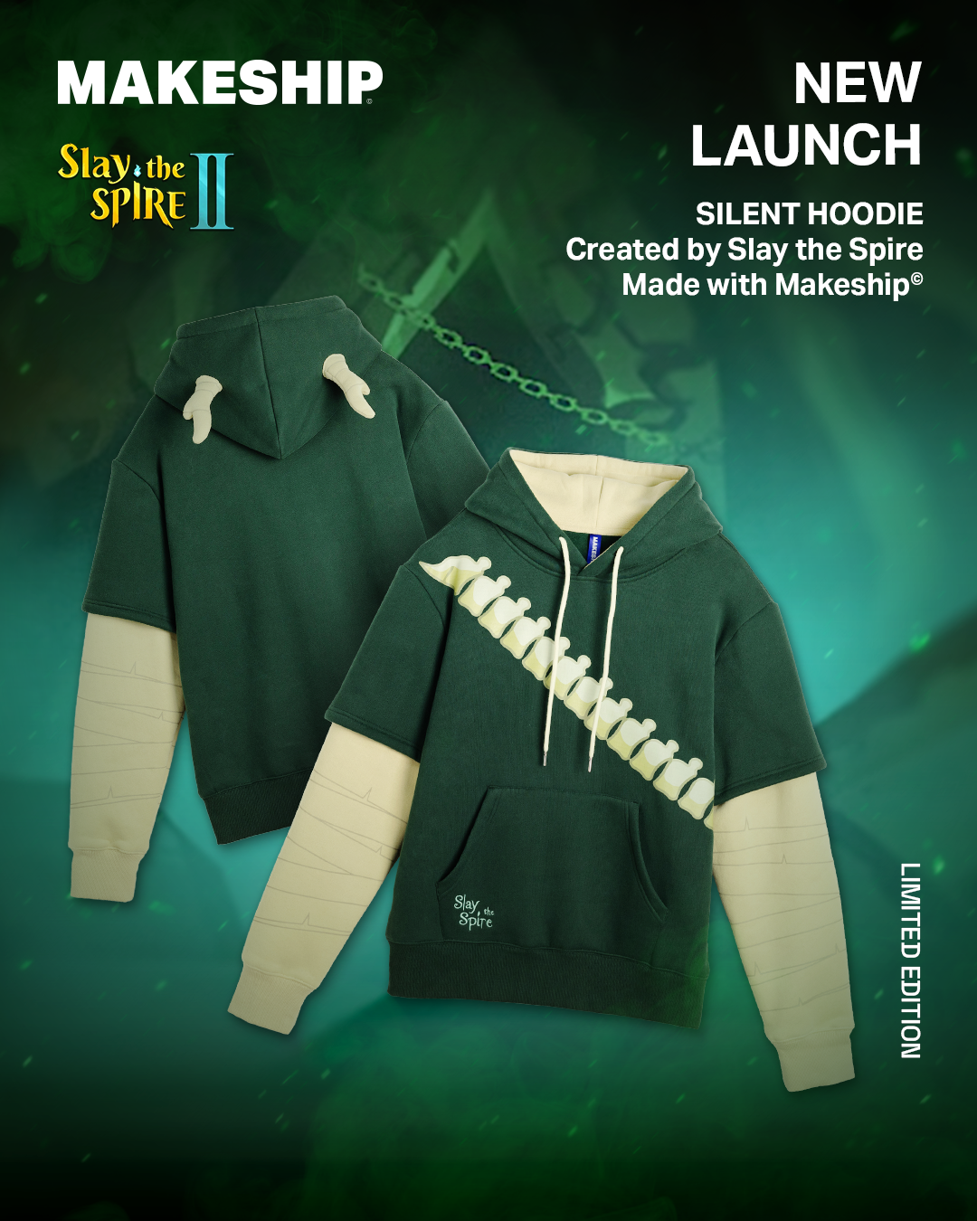 Makeship x Slay the Spire hoodie based on Silent’s outfit, with horns peeking out of the hood and sleeves that look like bandaged arm wraps.