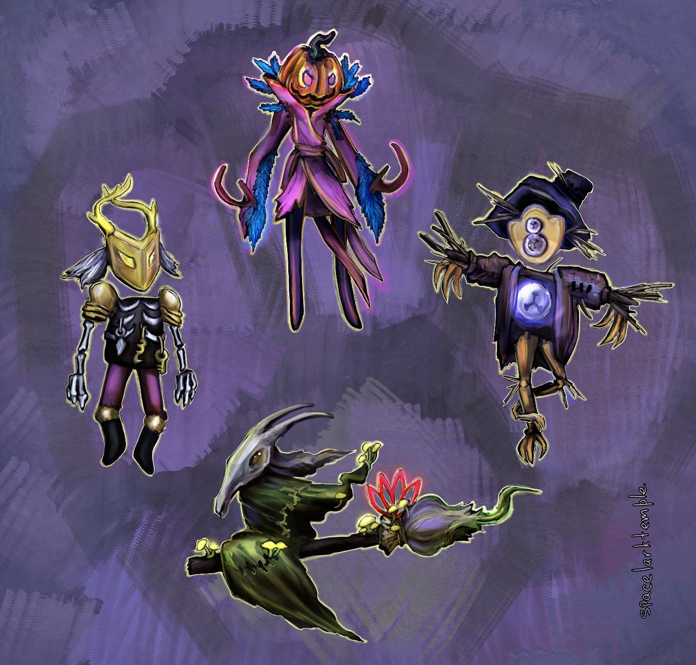 An illustration of the Ironclad, Silent, Defect, and Watcher as spooky dolls.