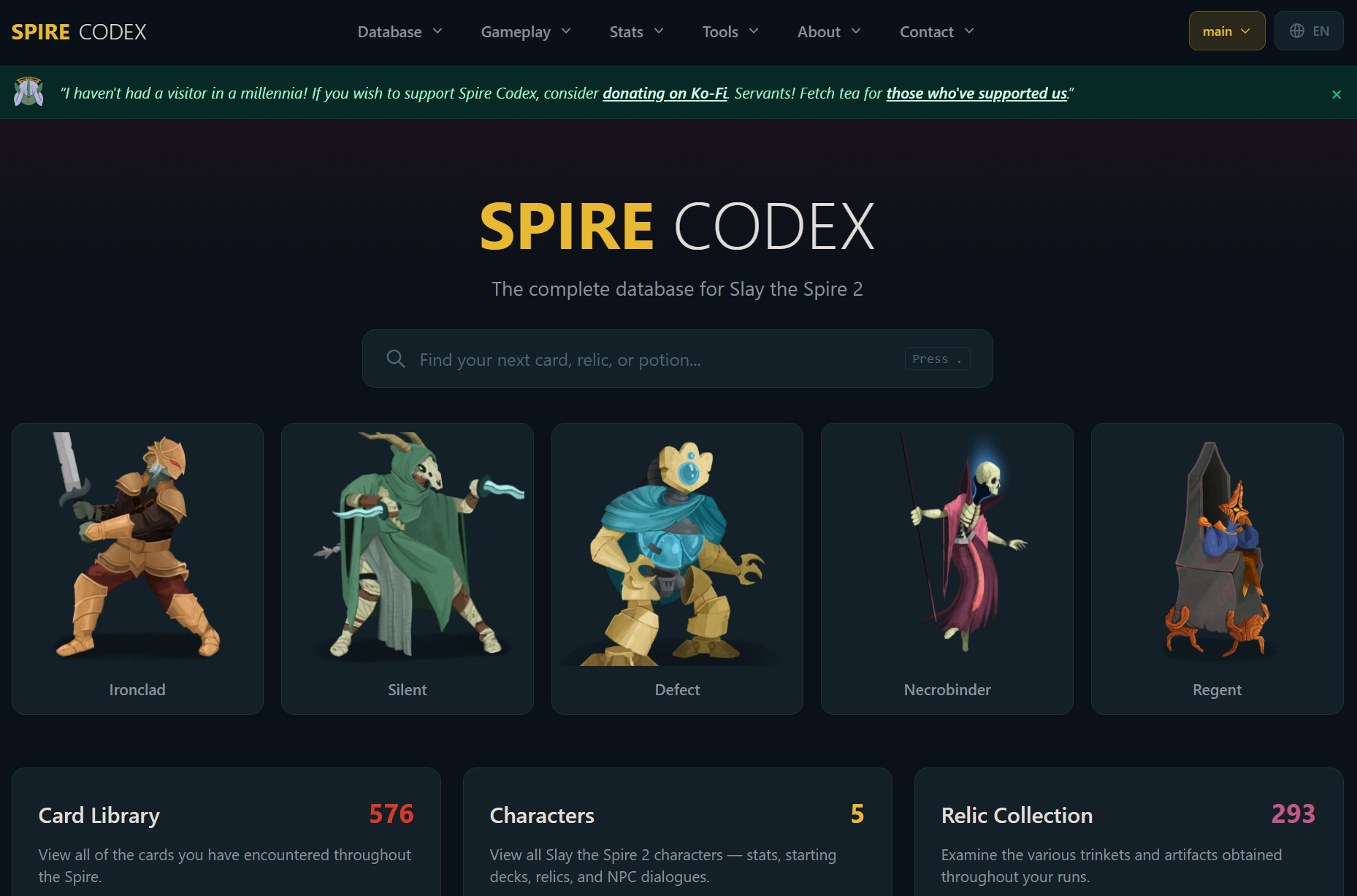 Screenshot of the Spire Codex homepage.