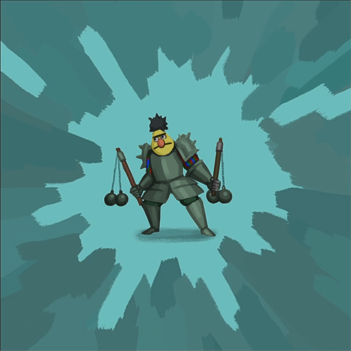 A guess that depicts a metal knight with 2 flails but with Bert from Sesame Street’s head.