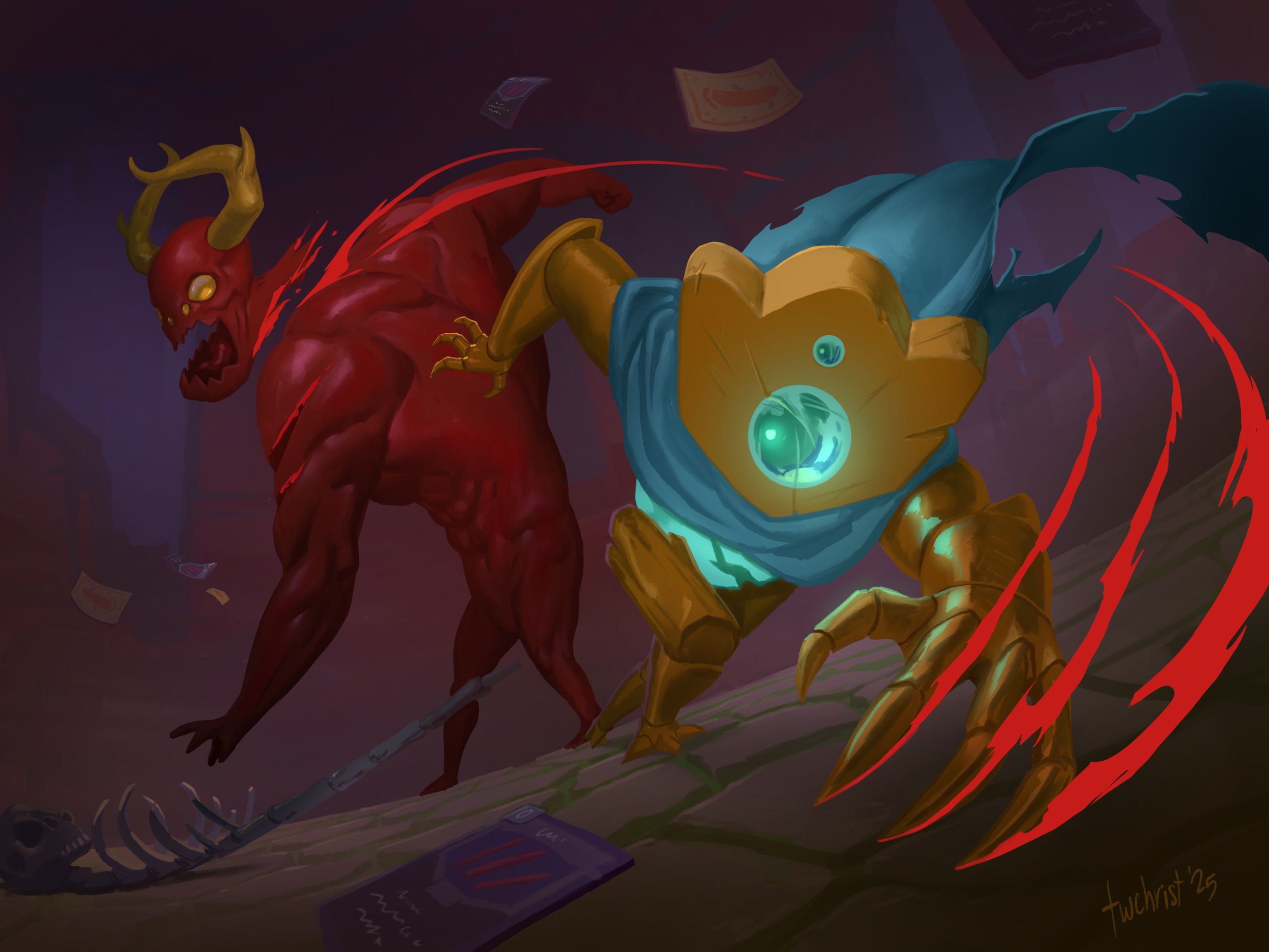 A painterly illustration of the Defect clawing Gremlin Nob’s head clean off.