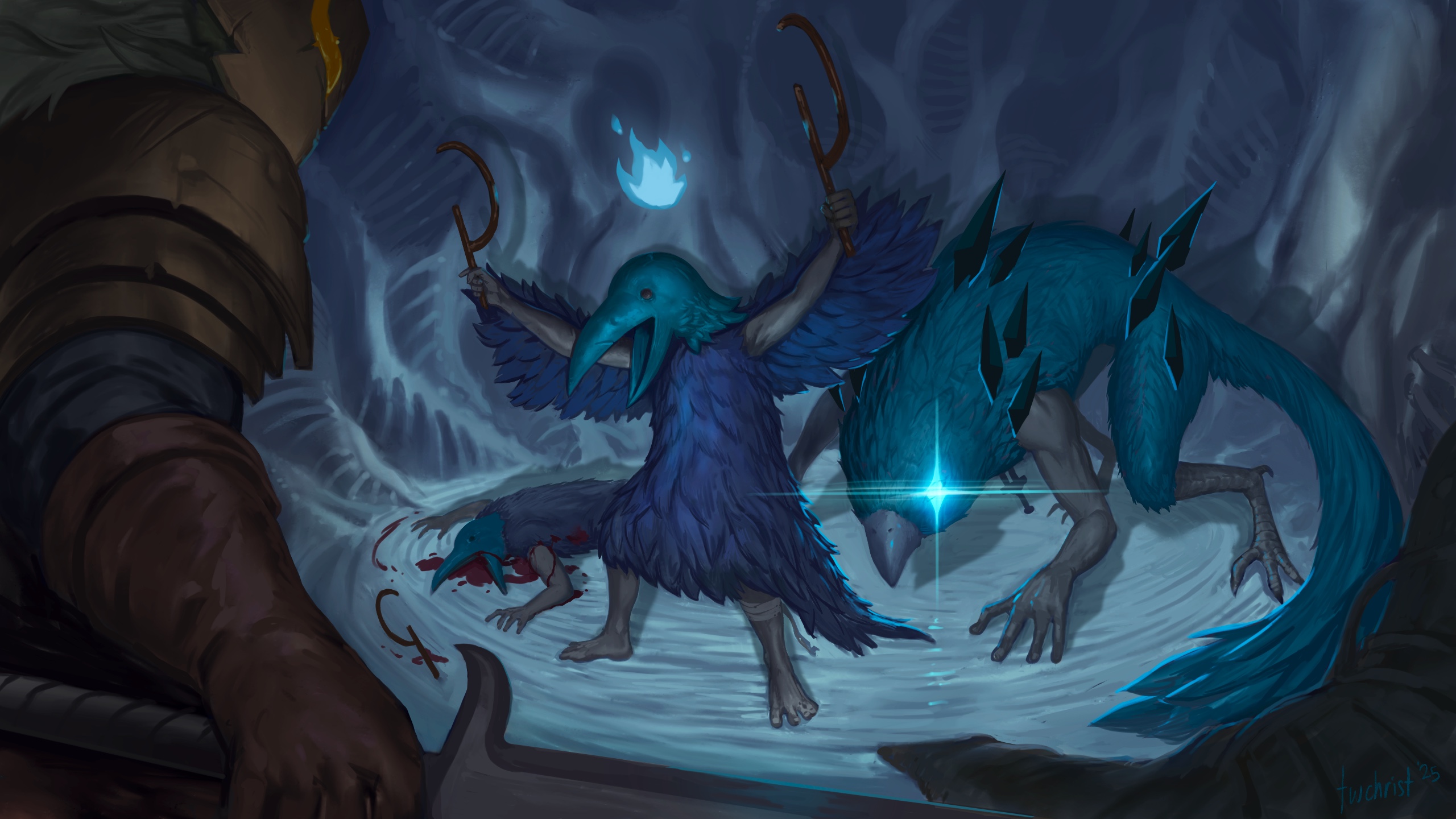 An illustration of Ironclad from behind about ot fight the Awakened One and its Cultists.