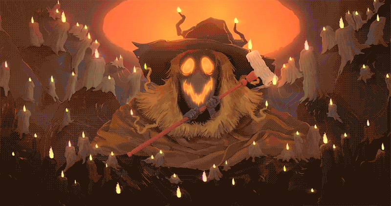 A gif of a giant, witchy scarecrow-like being, surrounded by candles and holding a staff with candles burning at both ends.