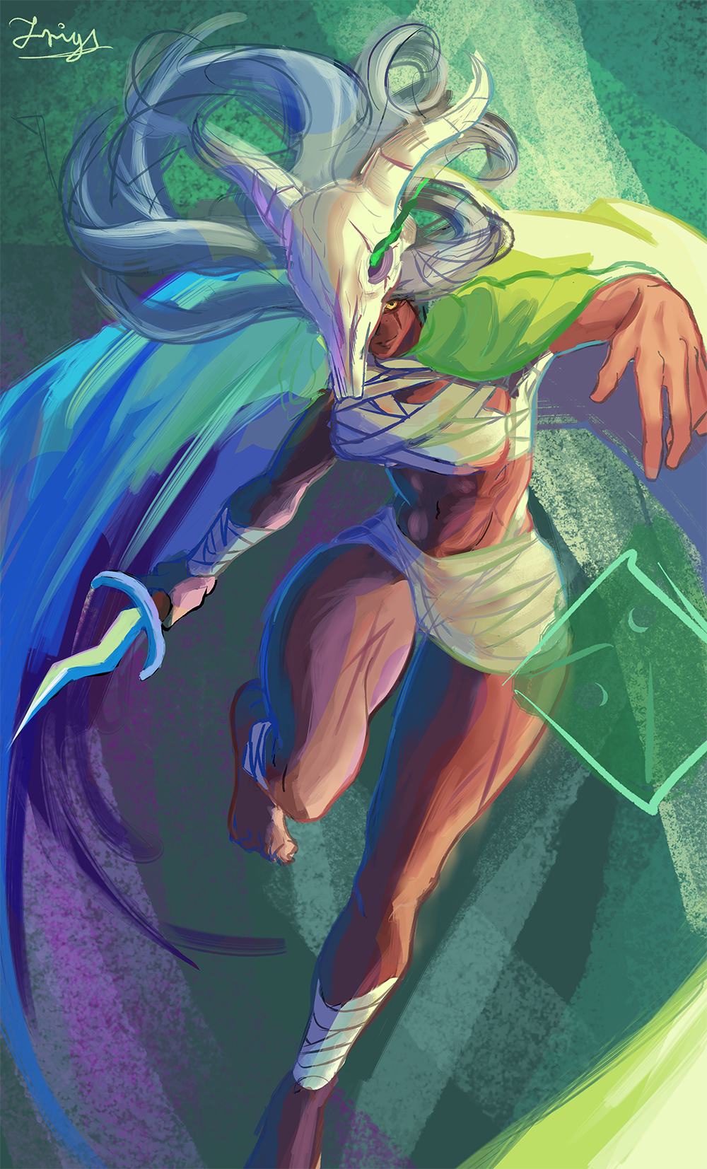 An illustration of the Silent in a dynamic pose reaching towards the viewer and her dagger in the other hand with her cloak billowing behind her.