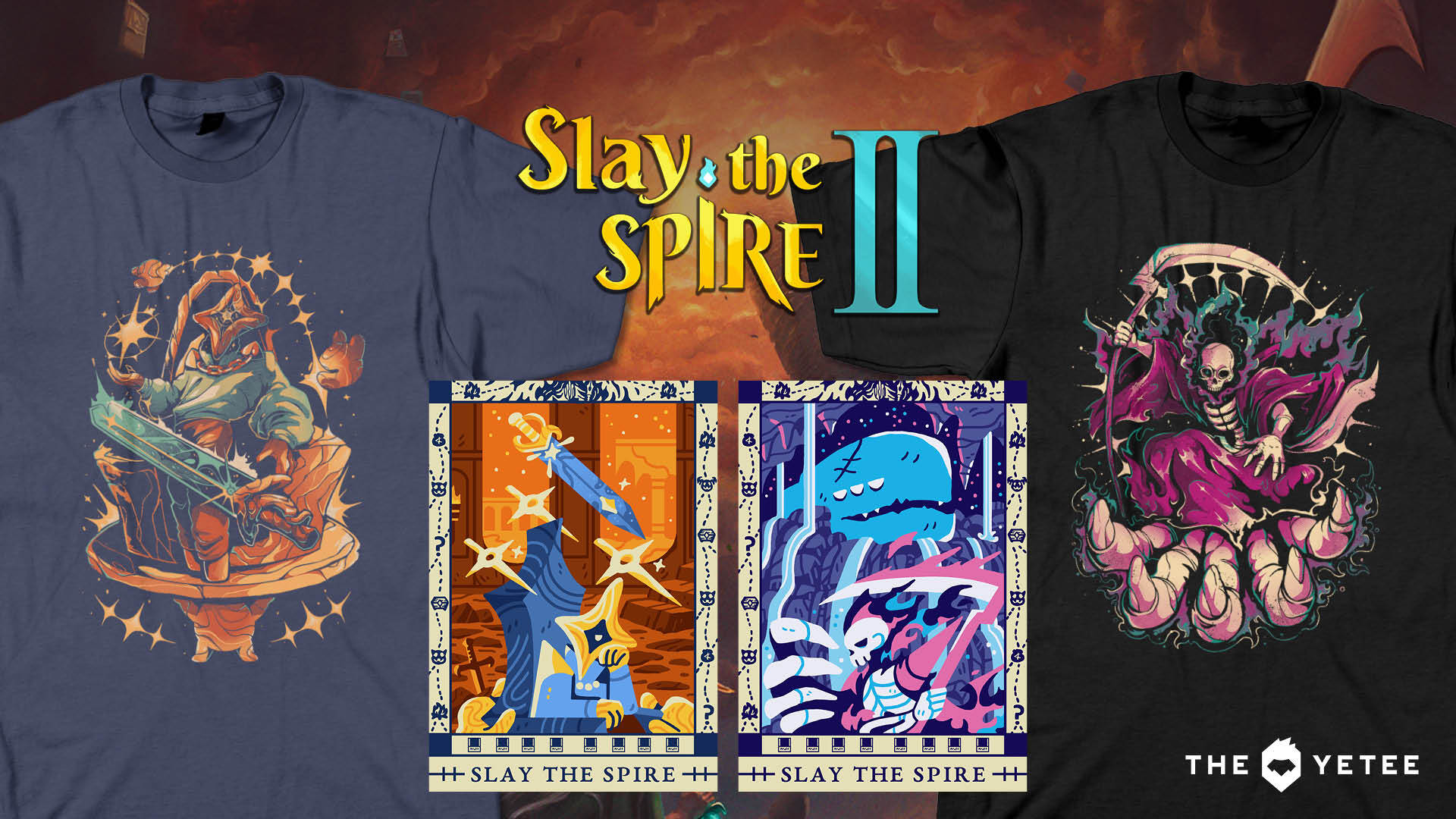 Promo image of The Yetee’s Regent tee, Necrobinder tee, Regent tarot-style print, and Necrobinder tarot-style print.