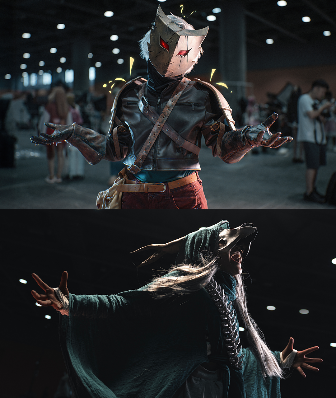 Cosplays of the Ironclad in the Shrug It Off pose and the Silent with arms outstretched.